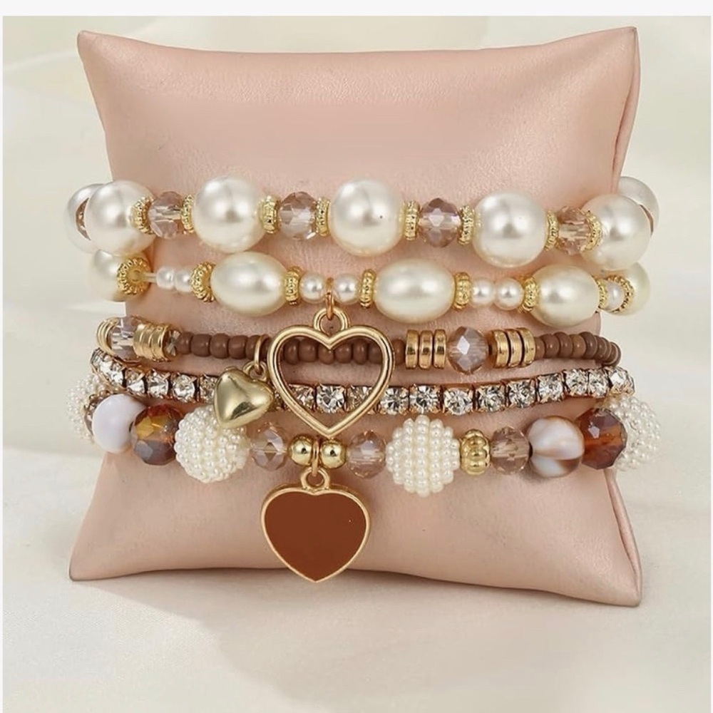 Boho Pearl & Crystal Heart Charm Bracelet Stack (5 Pieces)